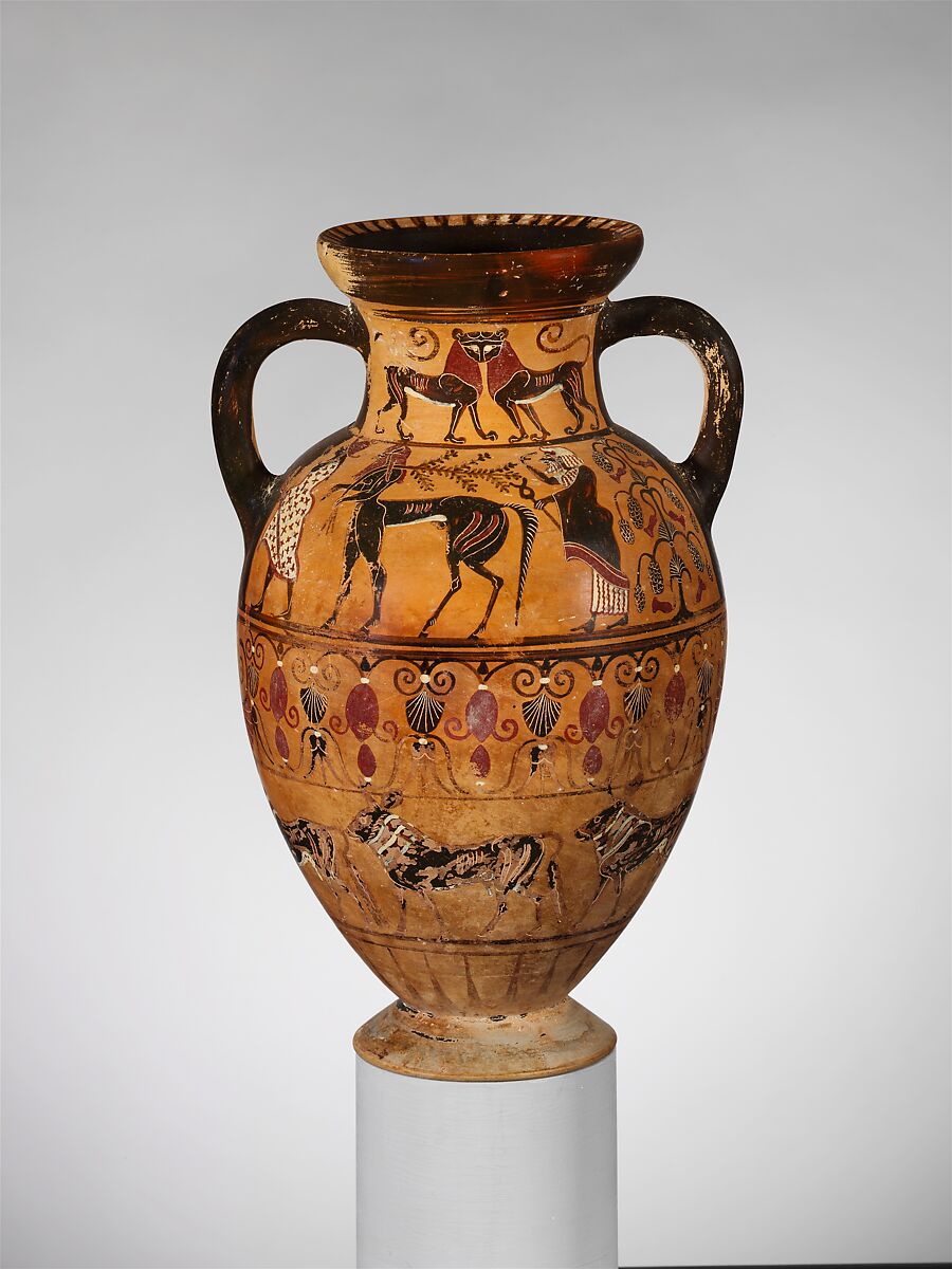 Terracotta neck-amphora (jar), Attributed to the Paris Painter, Terracotta, Etruscan