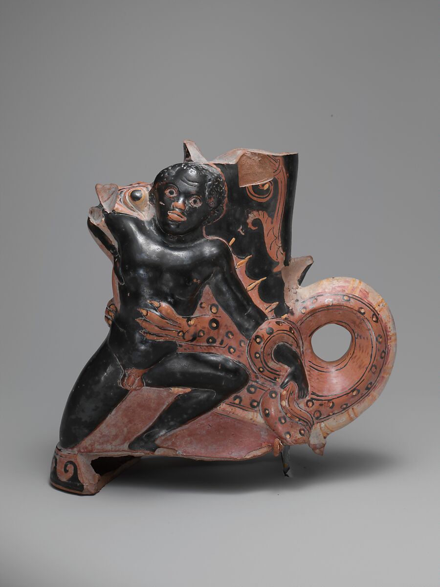 Terracotta rhyton (vase for libations or drinking), Terracotta, Greek, South Italian, Apulian