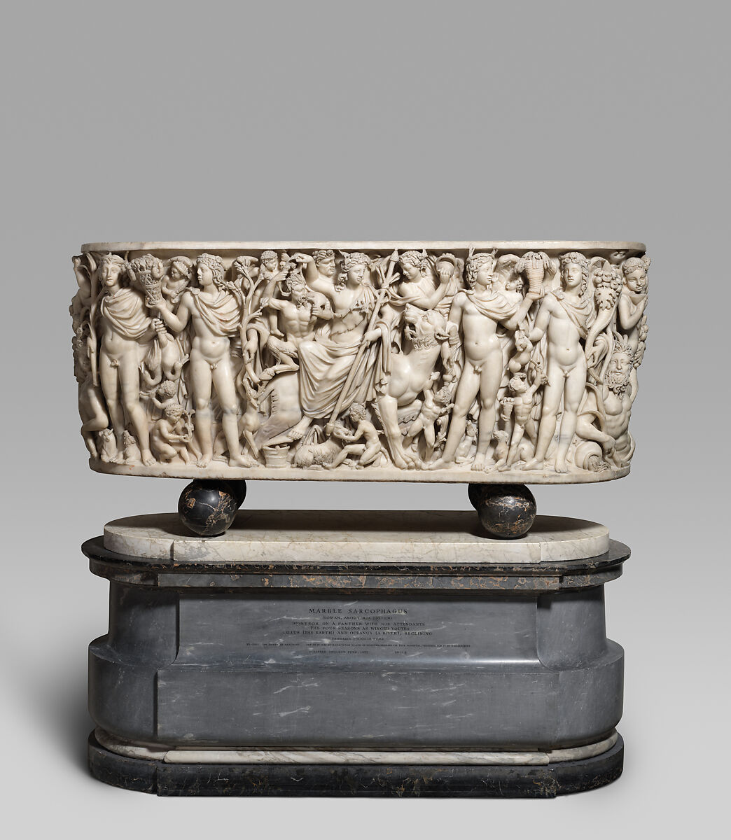 Marble sarcophagus with the Triumph of Dionysos and the Seasons, Roman, Late Imperial, Gallienic