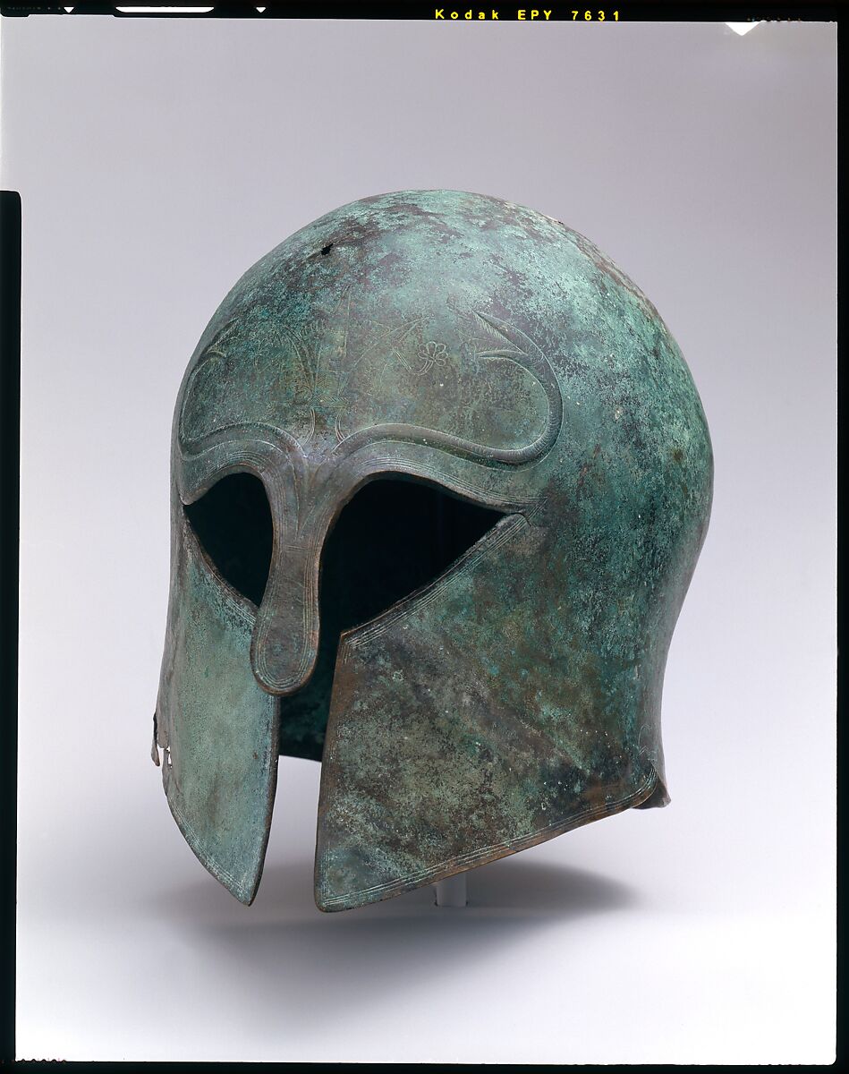 Bronze helmet of Corinthian type, Bronze, Greek