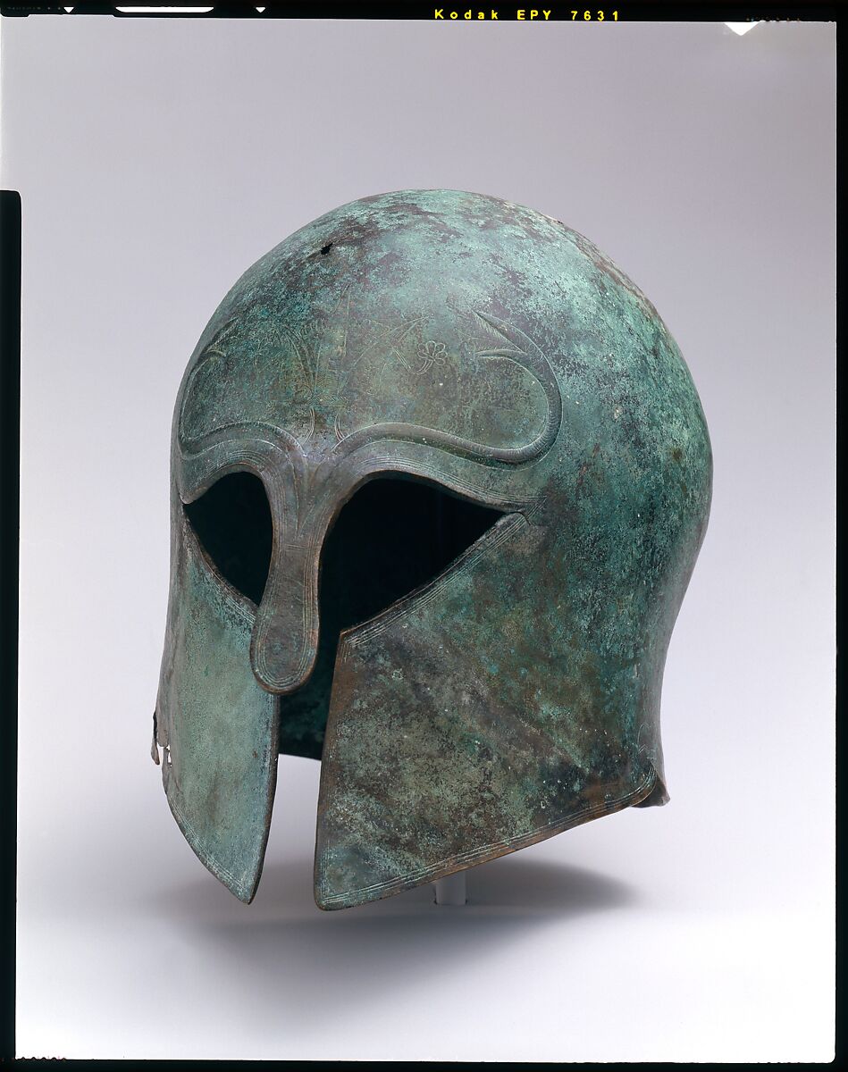 Bronze helmet of Corinthian type, Bronze, Greek 