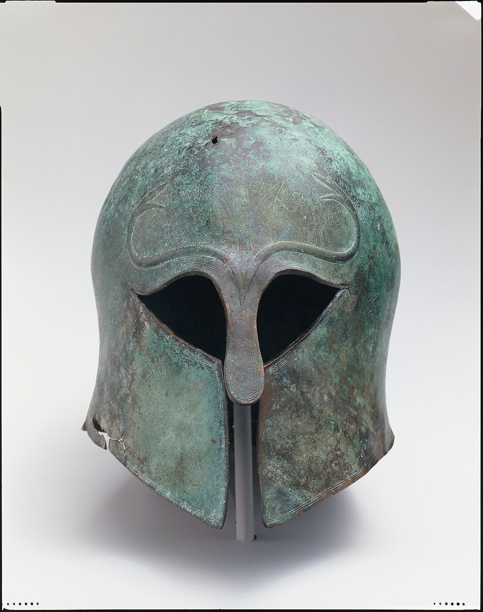 Bronze helmet of Corinthian type, Bronze, Greek