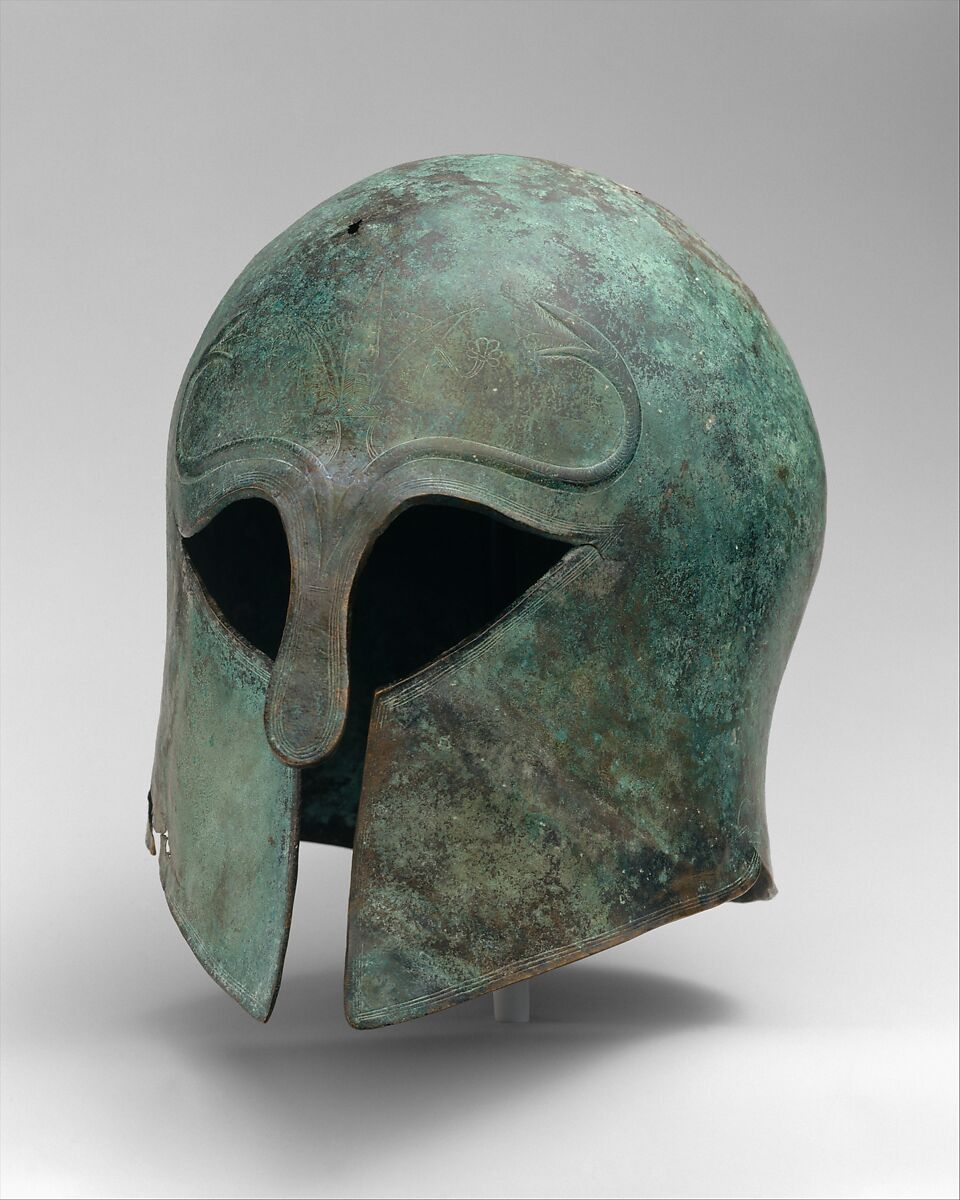 Bronze helmet of Corinthian type, Bronze, Greek