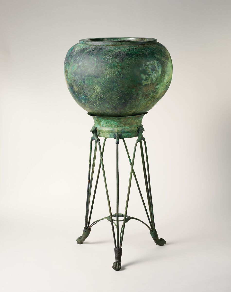 Bronze tripod and dinos (deep round-bottomed bowl), Bronze, Etruscan 