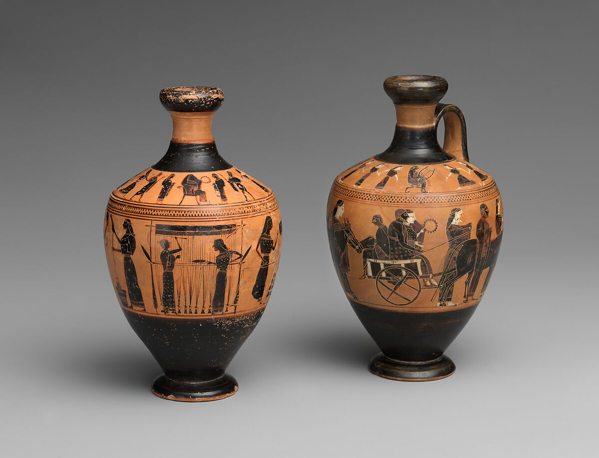 Terracotta lekythos (oil flask), Attributed to the Amasis Painter, Terracotta, Greek, Attic
