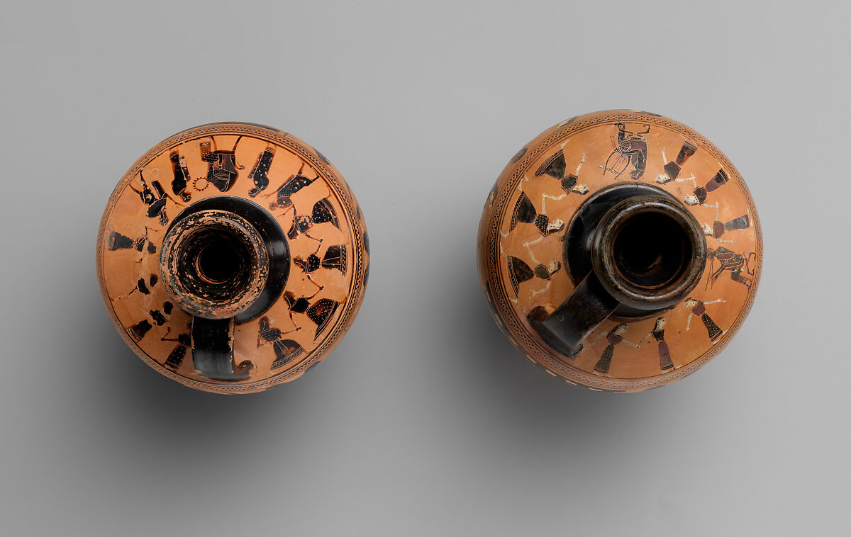 Terracotta lekythos (oil flask), Attributed to the Amasis Painter, Terracotta, Greek, Attic