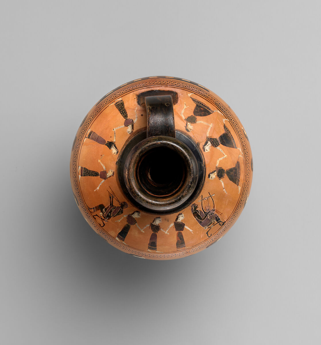 Terracotta lekythos (oil flask), Attributed to the Amasis Painter, Terracotta, Greek, Attic