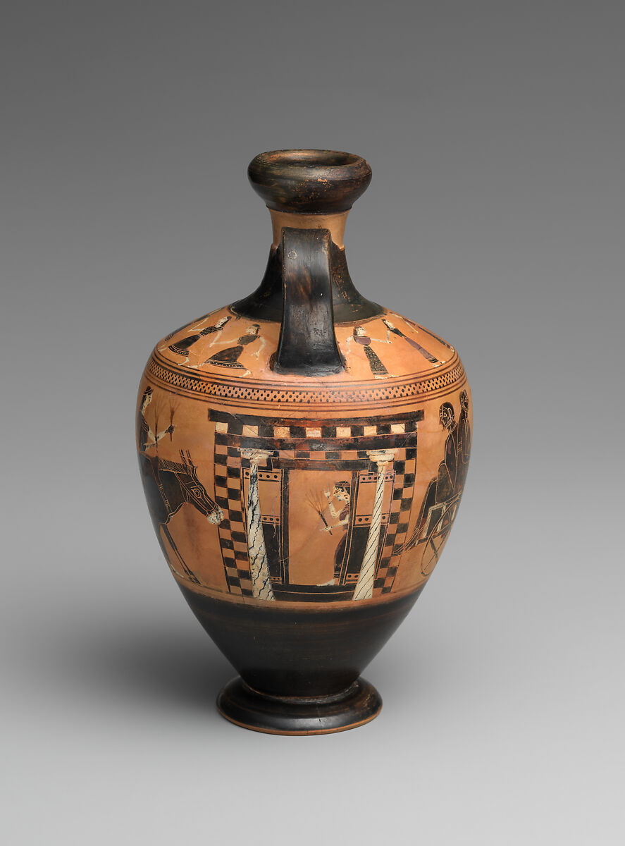 Terracotta lekythos (oil flask), Attributed to the Amasis Painter, Terracotta, Greek, Attic