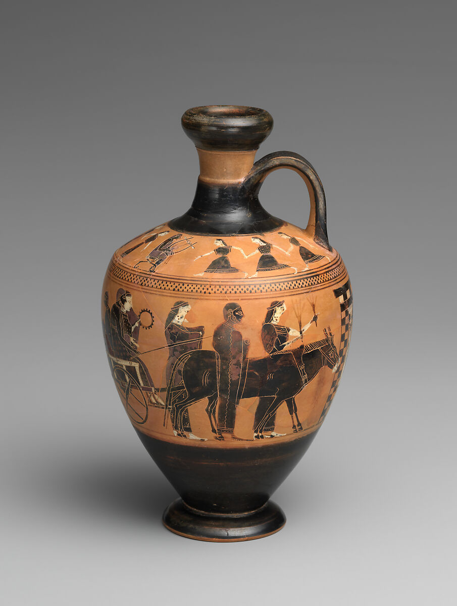 Terracotta lekythos (oil flask), Attributed to the Amasis Painter, Terracotta, Greek, Attic