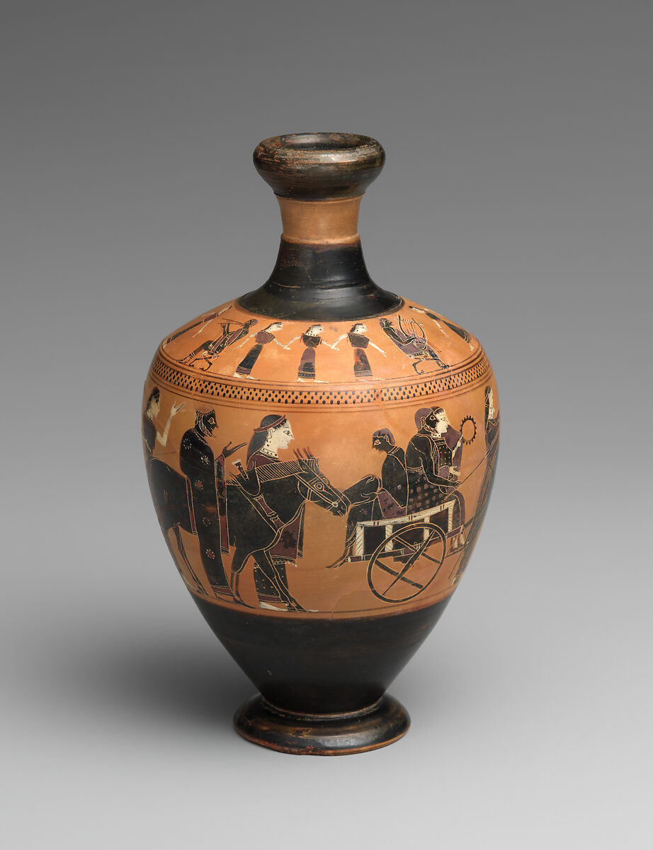 Terracotta lekythos (oil flask), Attributed to the Amasis Painter, Terracotta, Greek, Attic