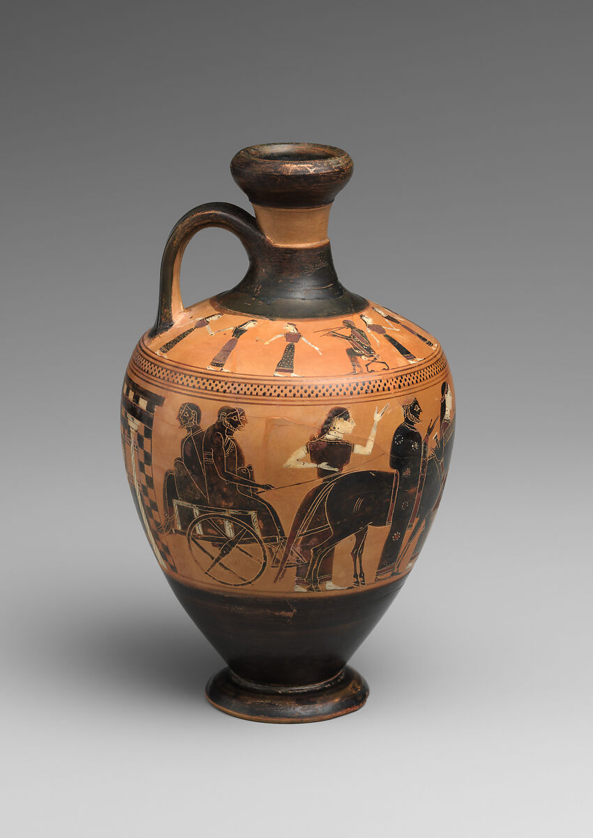 Terracotta lekythos (oil flask), Attributed to the Amasis Painter, Terracotta, Greek, Attic