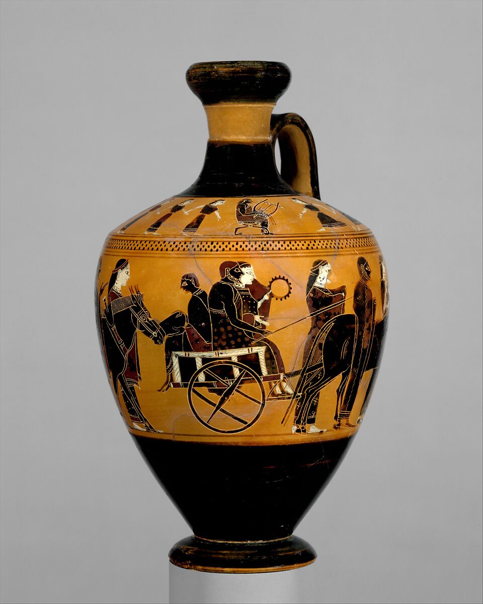 Terracotta lekythos (oil flask), Attributed to the Amasis Painter, Terracotta, Greek, Attic