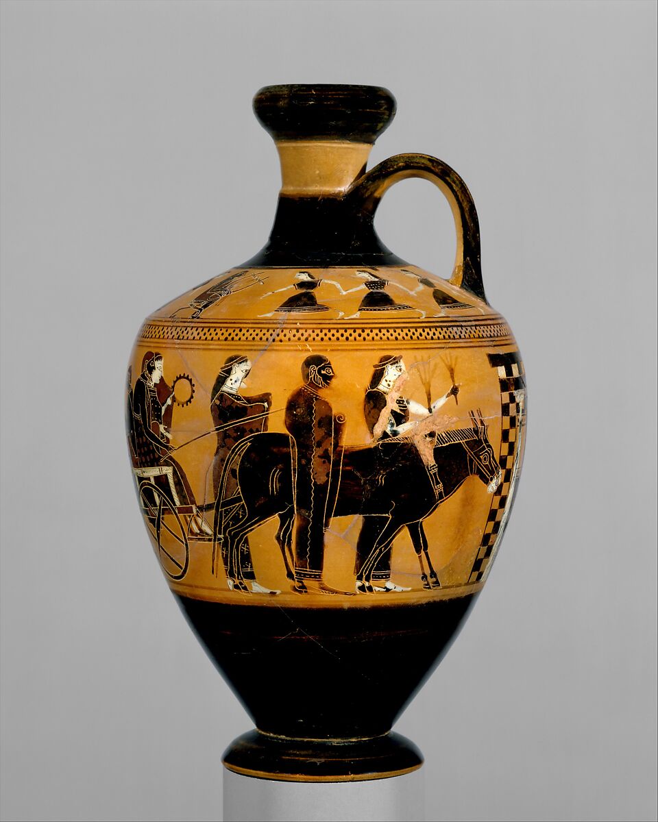 Terracotta lekythos (oil flask), Attributed to the Amasis Painter, Terracotta, Greek, Attic