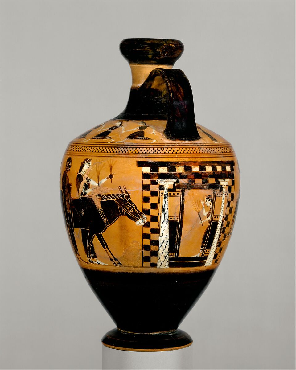 Terracotta lekythos (oil flask), Attributed to the Amasis Painter, Terracotta, Greek, Attic