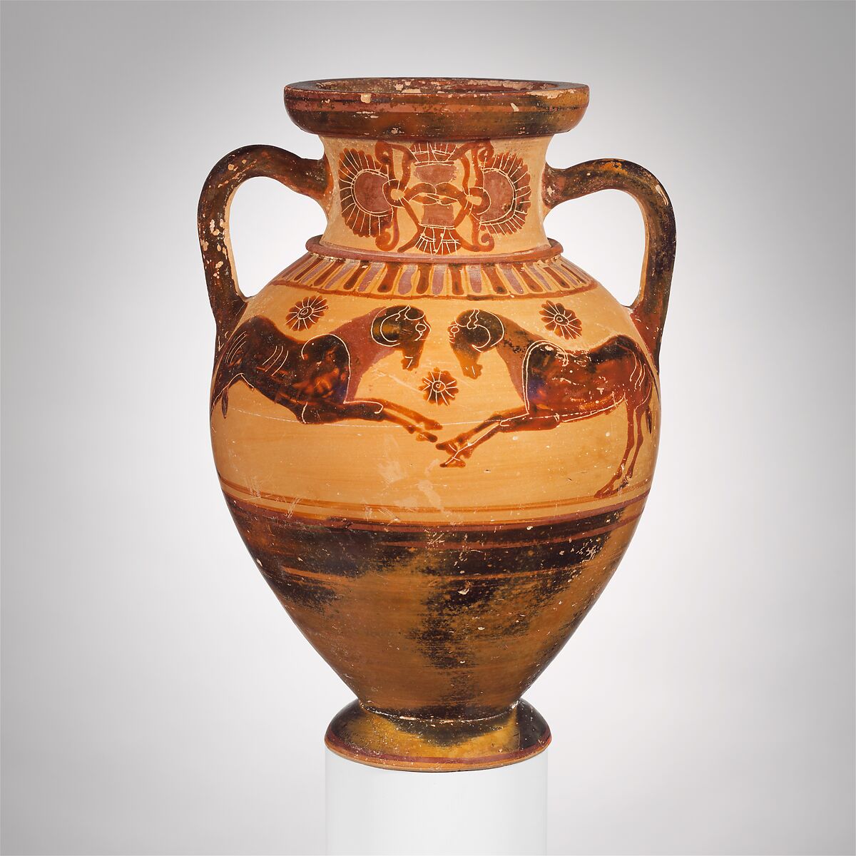 Terracotta neck-amphora (storage jar), Attributed to the Prometheus Painter, Terracotta, Greek, Attic 