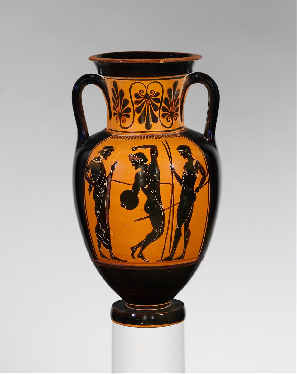 Terracotta neck-amphora (jar), Attributed to the Edinburgh Painter, Terracotta, Greek, Attic