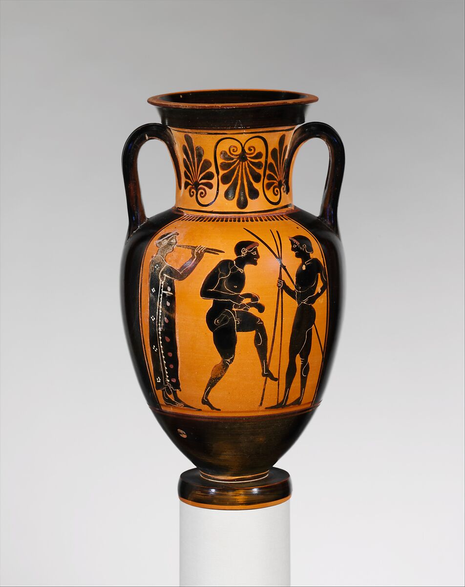 Terracotta neck-amphora (jar), Attributed to the Edinburgh Painter, Terracotta, Greek, Attic 