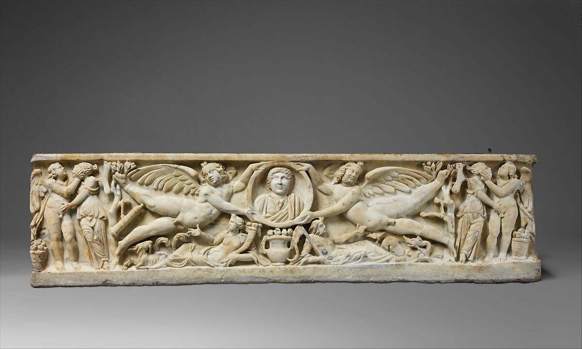 Marble sarcophagus with flying erotes holding a clipeus portrait, Marble, Proconnesian, Roman 