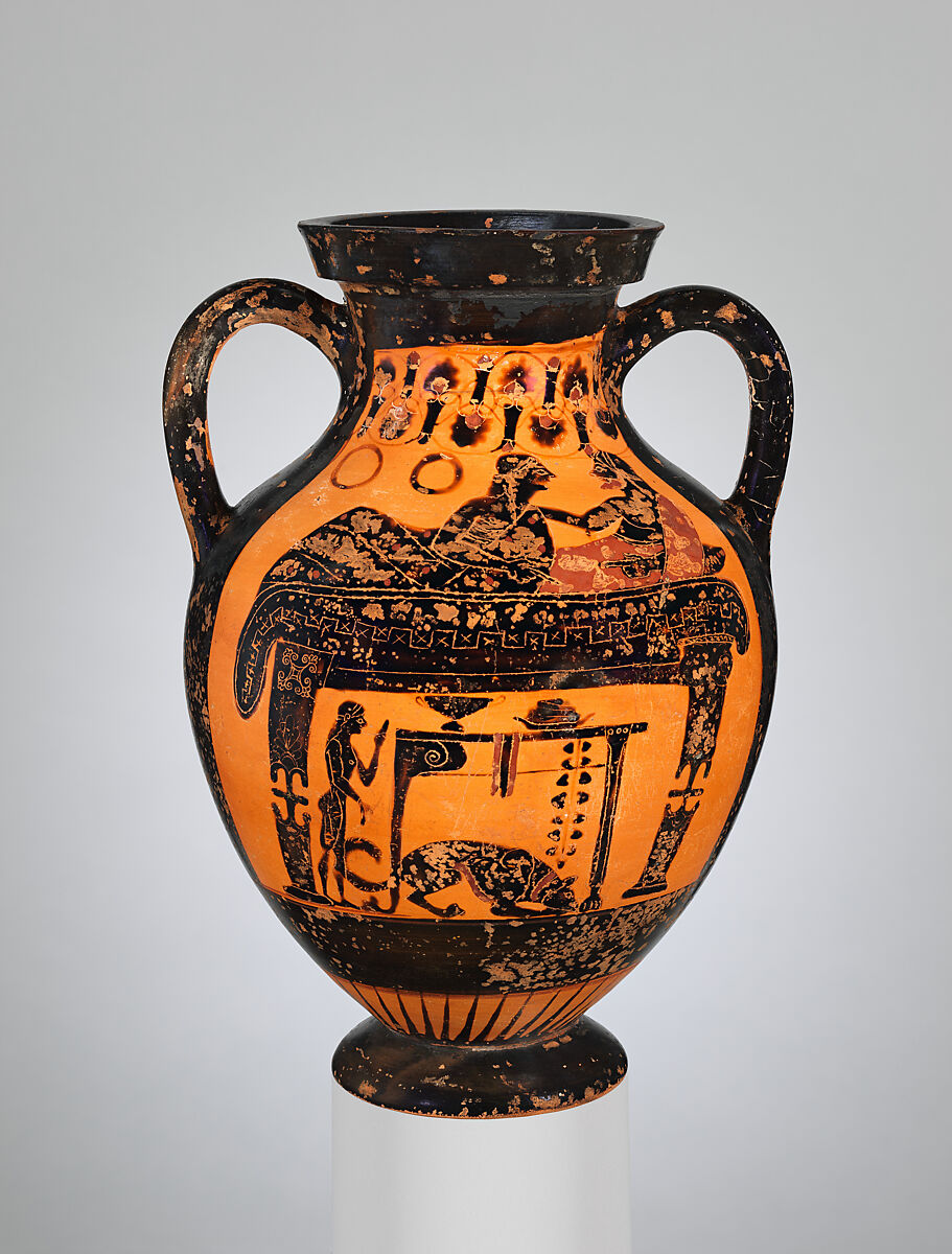 Terracotta amphora (jar), Attributed to the Orvieto Painter, Terracotta, Greek, Chalcidian