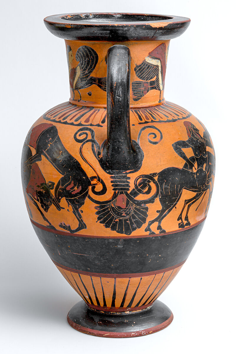 Terracotta neck-amphora (jar), Attributed to the Polyphemos Group, Terracotta, Greek, Chalcidian