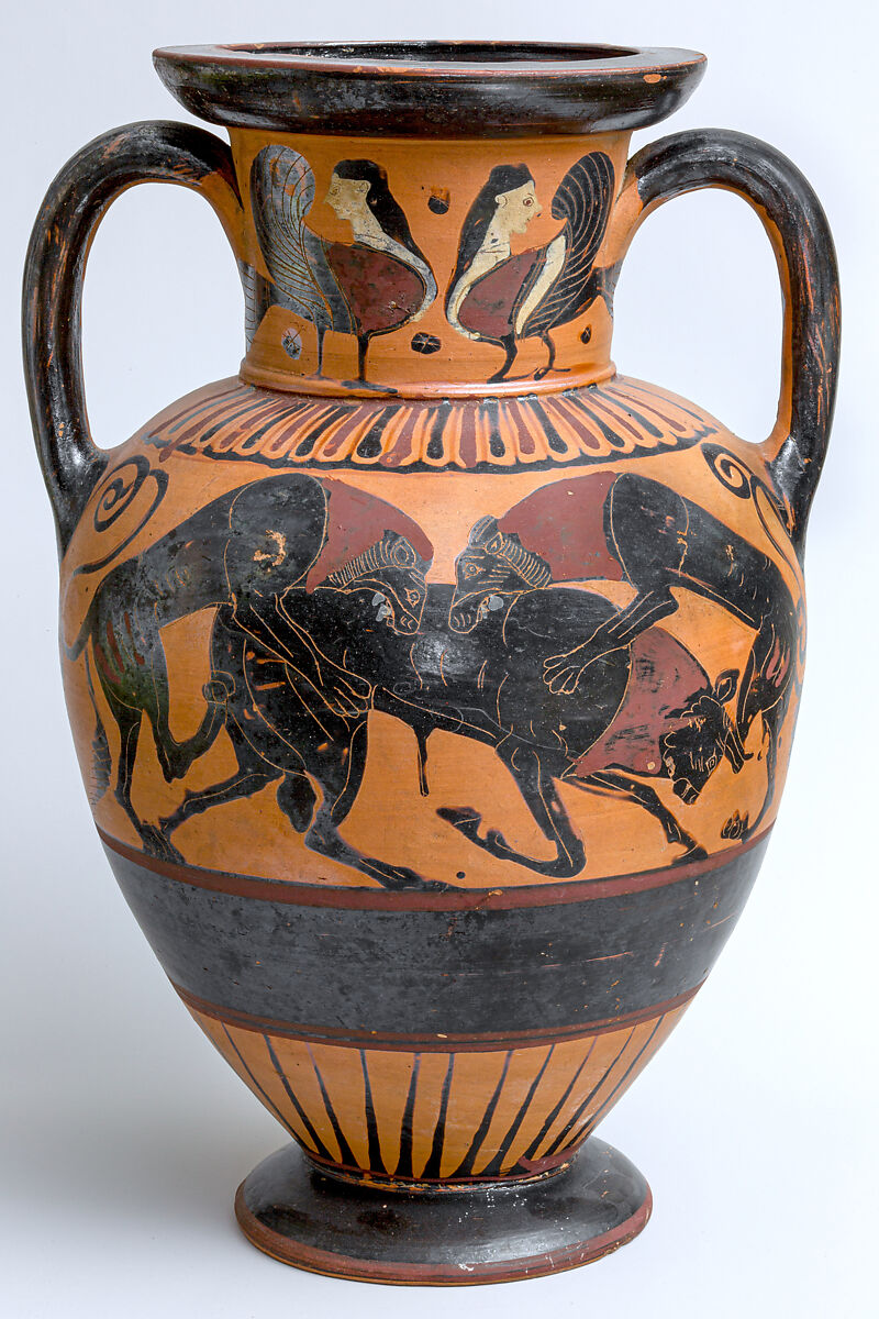 Terracotta neck-amphora (jar), Attributed to the Polyphemos Group, Terracotta, Greek, Chalcidian 