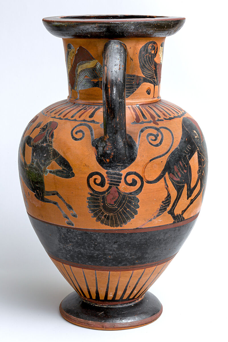 Terracotta neck-amphora (jar), Attributed to the Polyphemos Group, Terracotta, Greek, Chalcidian