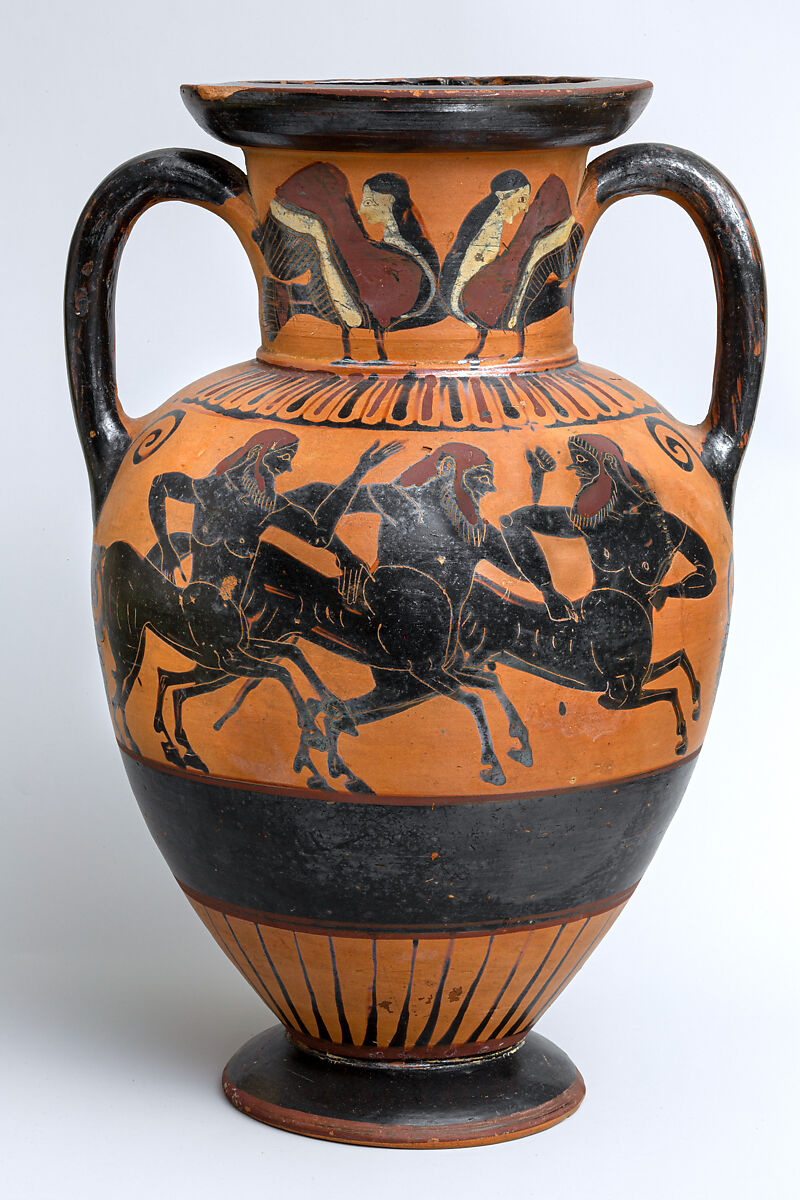 Terracotta neck-amphora (jar), Attributed to the Polyphemos Group, Terracotta, Greek, Chalcidian