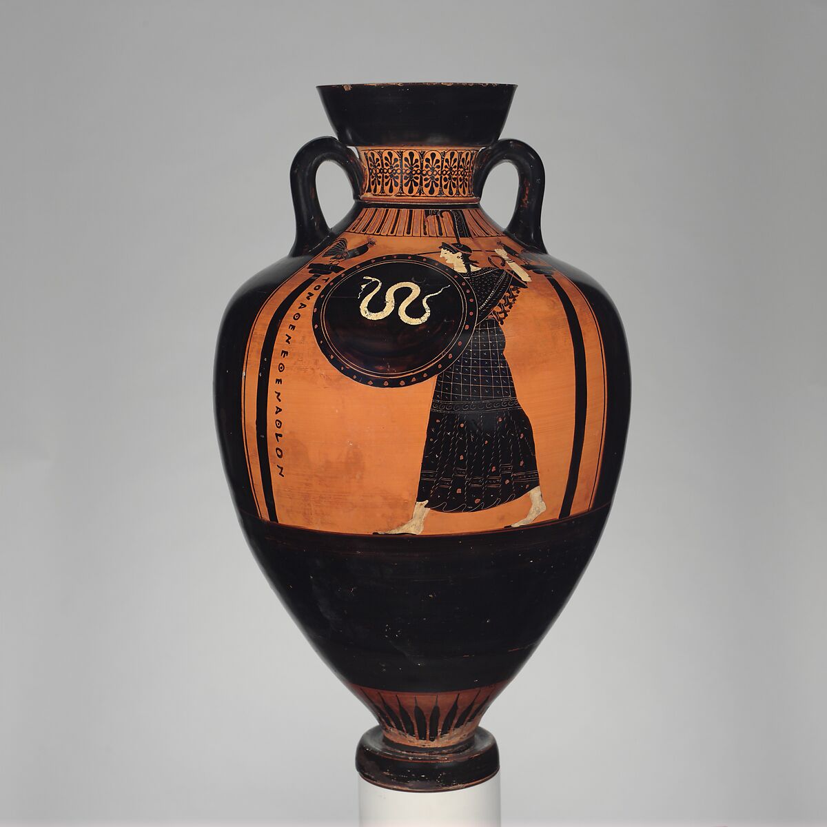 Terracotta Panathenaic prize amphora (jar), Attributed to the Eucharides Painter, Terracotta, Greek, Attic