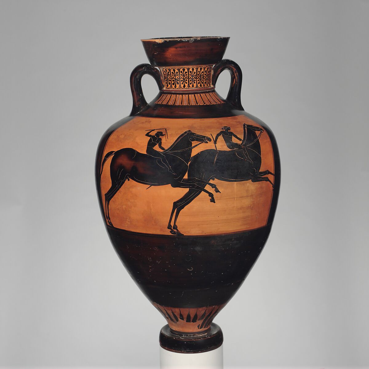 Terracotta Panathenaic prize amphora (jar), Attributed to the Eucharides Painter, Terracotta, Greek, Attic 