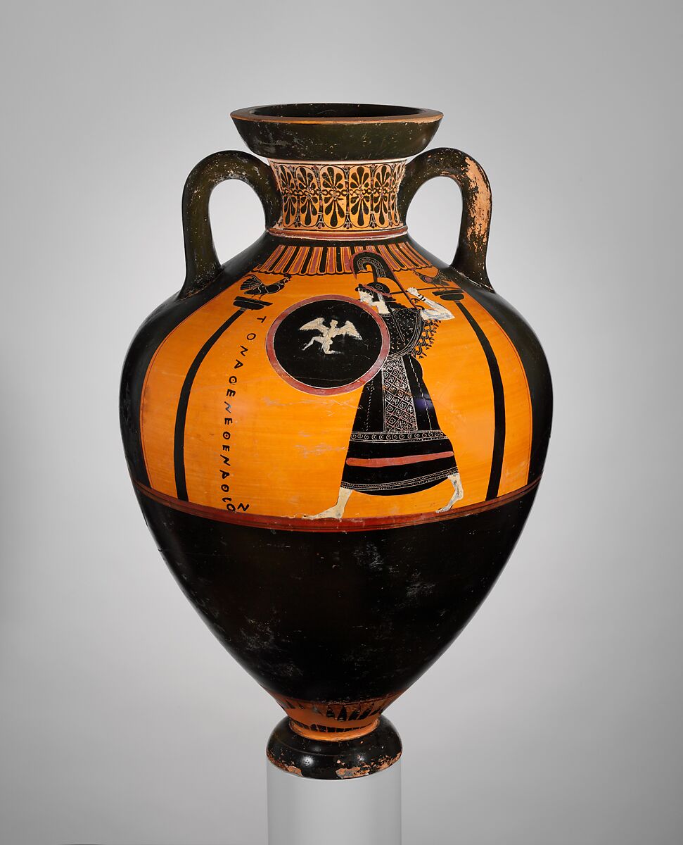 Terracotta Panathenaic prize amphora (jar), Compared with work by the Painter of Boulogne 441, Terracotta, Greek, Attic