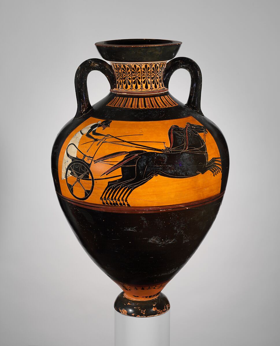 Terracotta Panathenaic prize amphora (jar), Compared with work by the Painter of Boulogne 441, Terracotta, Greek, Attic 