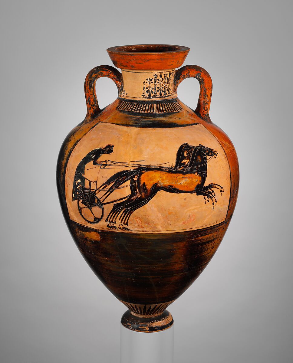 Terracotta Panathenaic prize amphora (jar), Attributed to the Group of Copenhagen 99, Terracotta, Greek, Attic 