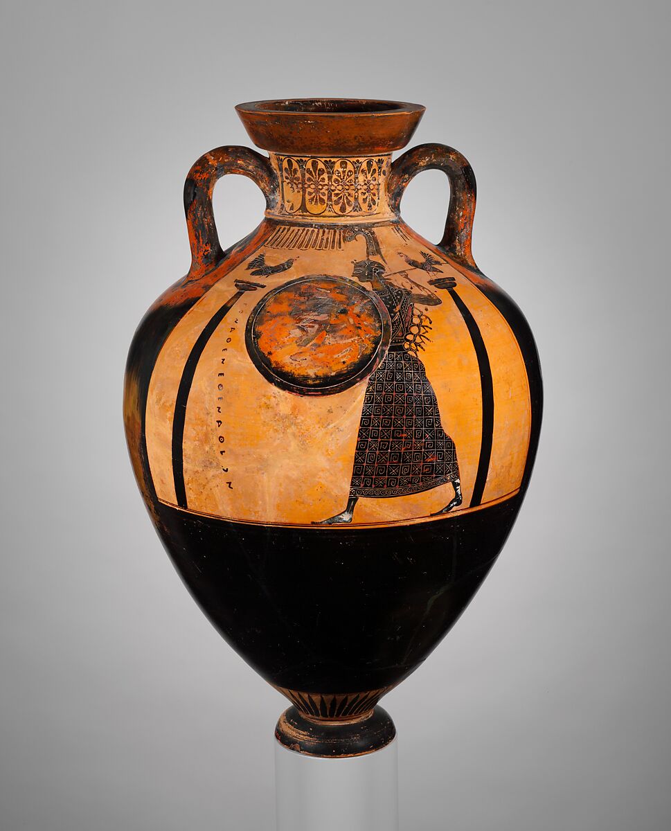 Terracotta Panathenaic prize amphora (jar), Attributed to the Group of Copenhagen 99, Terracotta, Greek, Attic