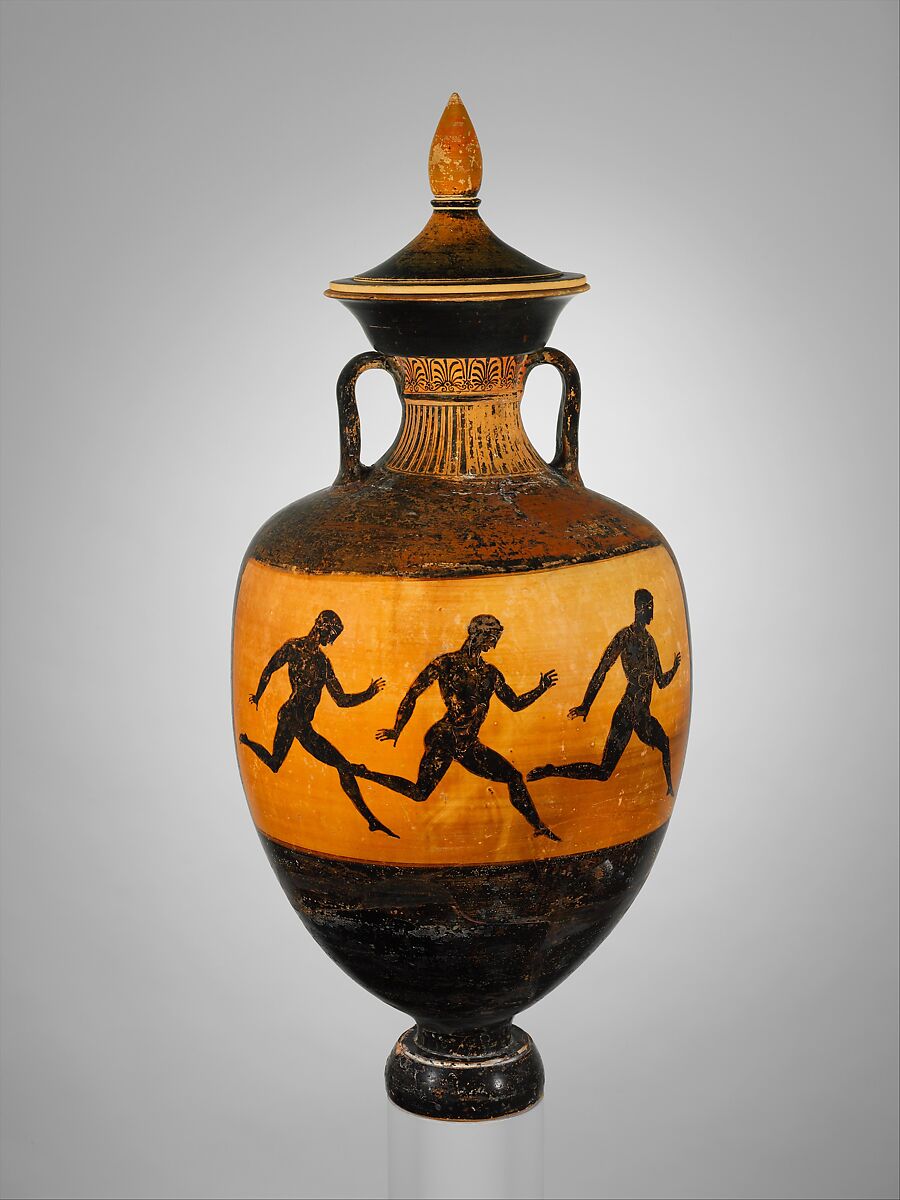 Terracotta Panathenaic prize amphora, Attributed to a painter of the Kittos Group, Terracotta, Greek, Attic 