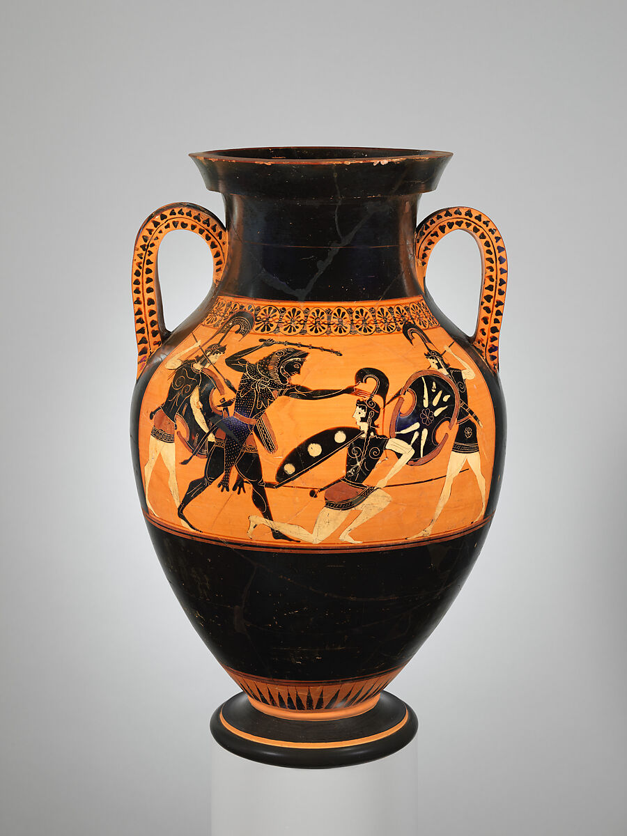 Terracotta amphora (jar), Attributed to a painter of Bateman Group, Terracotta, Greek, Attic 