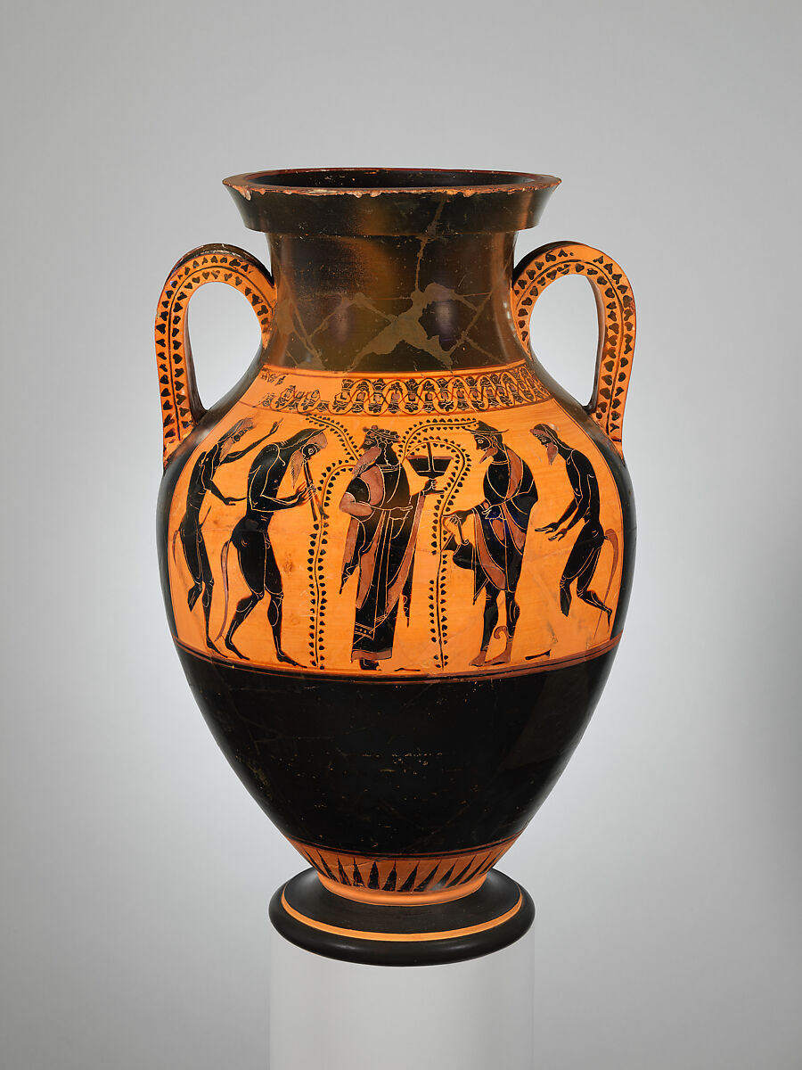 Terracotta amphora (jar), Attributed to a painter of Bateman Group, Terracotta, Greek, Attic