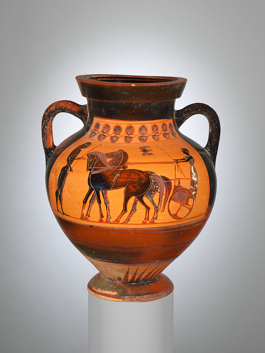 Terracotta amphora (jar), Attributed to the St. Audries Painter, Terracotta, Greek, Attic 