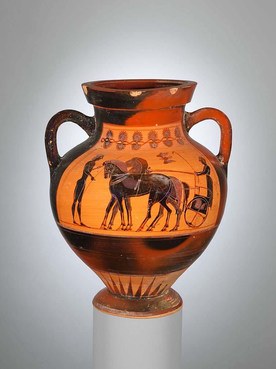 Terracotta amphora (jar), Attributed to the St. Audries Painter, Terracotta, Greek, Attic