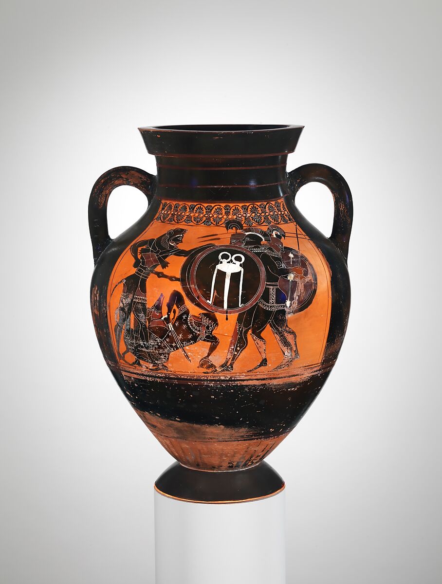 Terracotta amphora (jar), Attributed to a painter of Group E, Terracotta, Greek, Attic