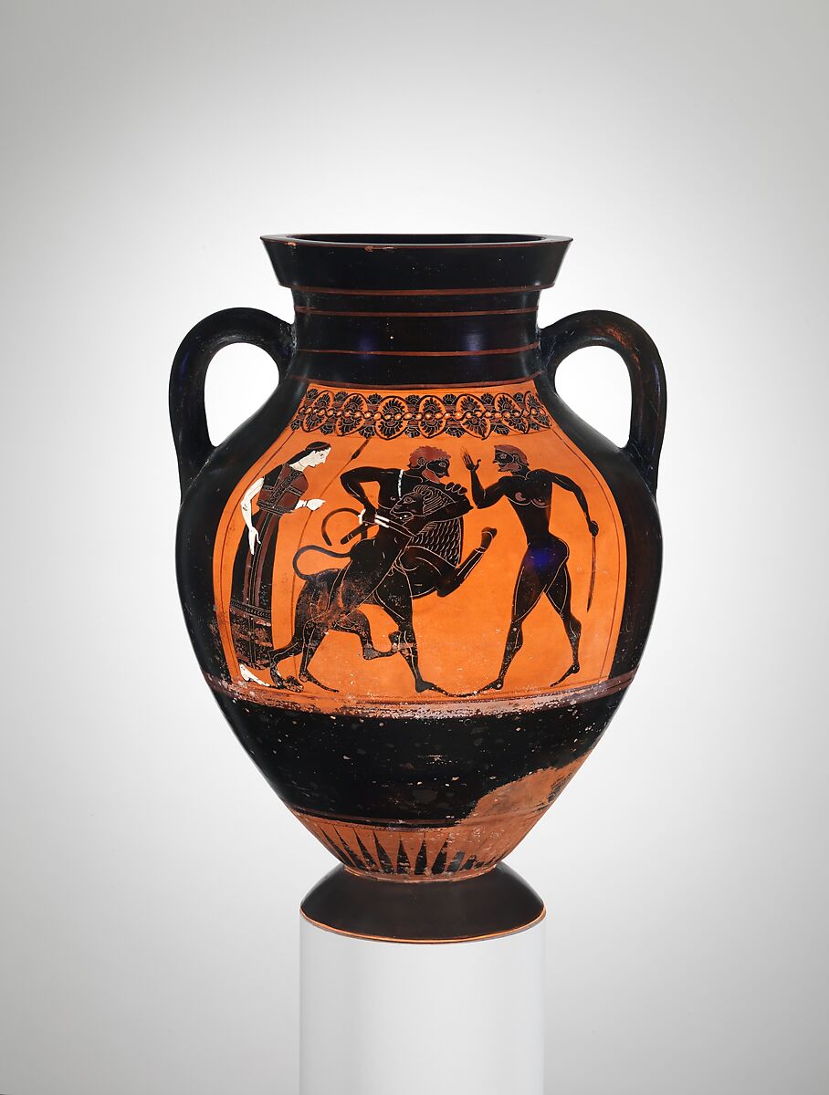 Terracotta amphora (jar), Attributed to a painter of Group E, Terracotta, Greek, Attic 