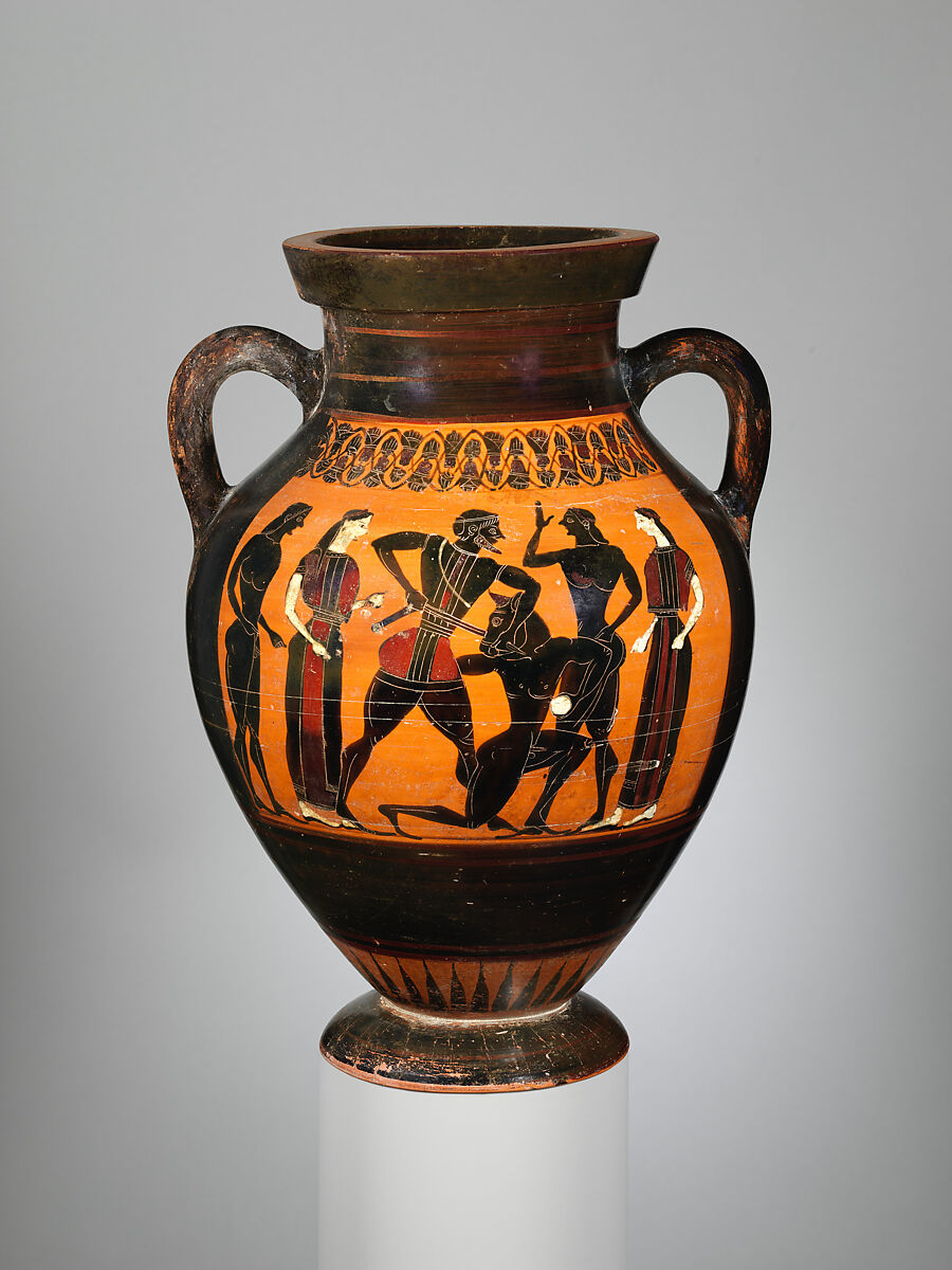 Terracotta amphora (jar), Attributed to Group E, Terracotta, Greek, Attic 