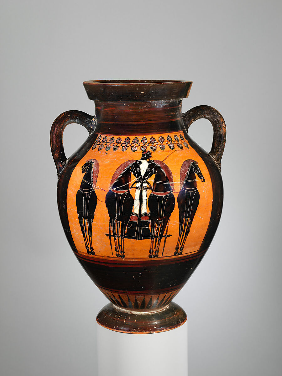 Terracotta amphora (jar), Attributed to Group E, Terracotta, Greek, Attic