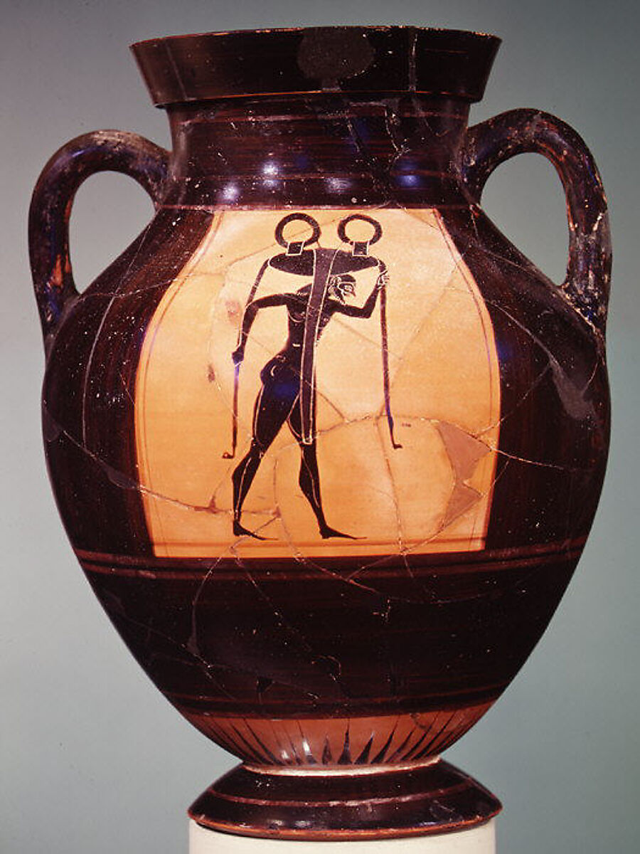 Terracotta amphora (jar), Attributed to a painter of Group E, Terracotta, Greek, Attic 