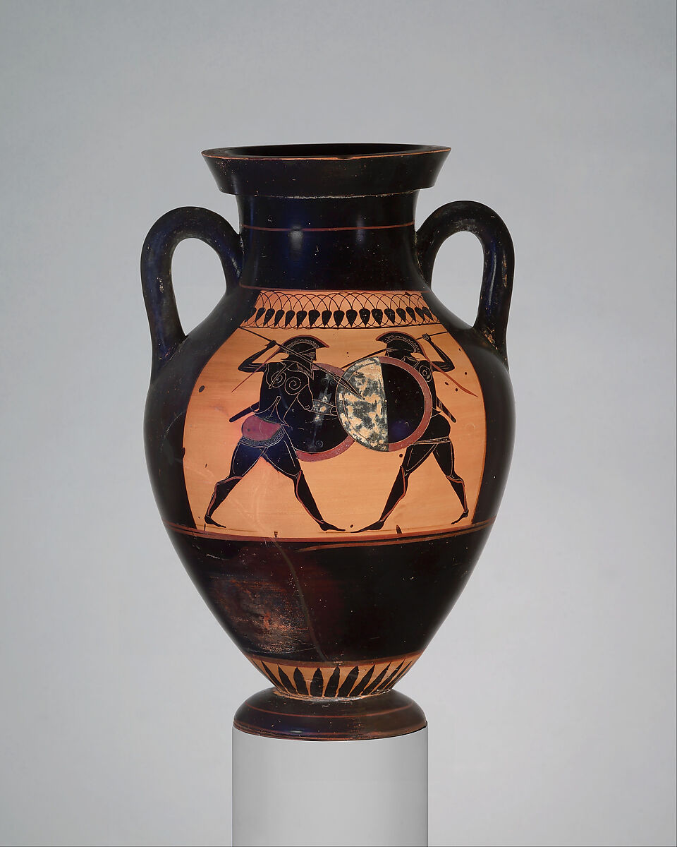 Terracotta amphora (jar), Attributed to the manner of the Lysippides Painter, Terracotta, Greek, Attic 