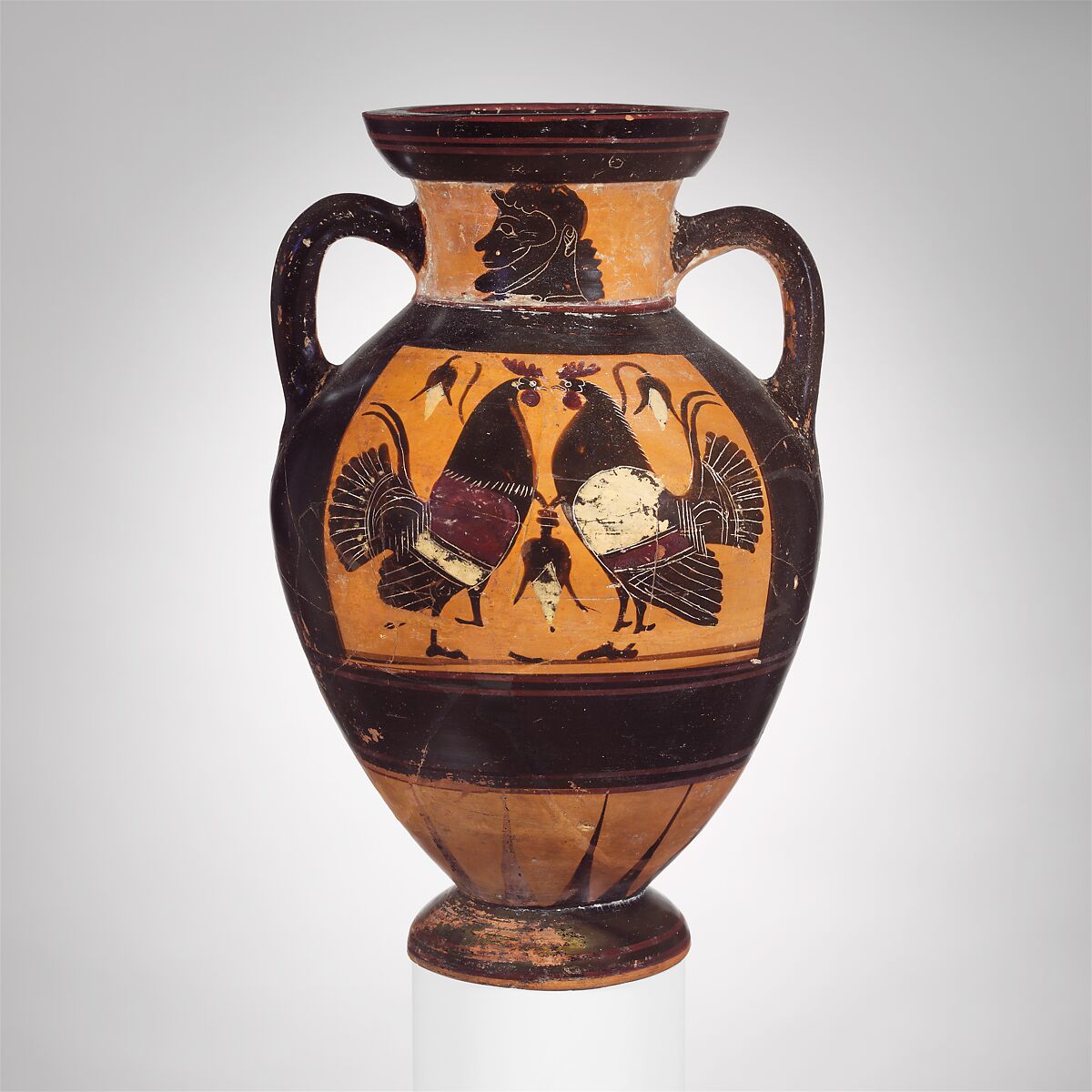 Terracotta neck-amphora (jar), Attributed to the Painter of London B 76, Terracotta, Greek, Attic 
