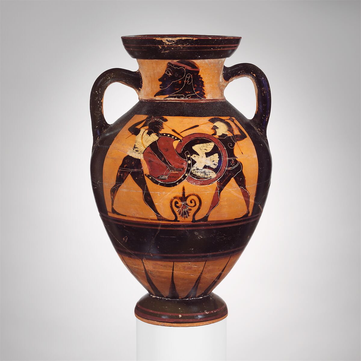Terracotta neck-amphora (jar), Attributed to the Painter of London B 76, Terracotta, Greek, Attic