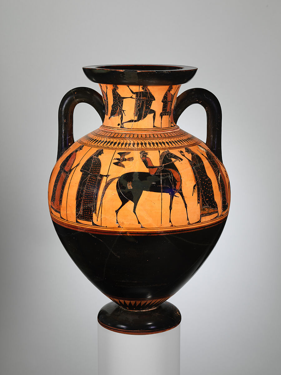 Terracotta neck-amphora (jar), Attributed to the Affecter, Terracotta, Greek, Attic