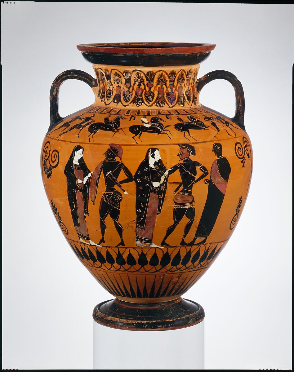 Terracotta neck-amphora (jar), Attributed to Group E, Terracotta, Greek, Attic 