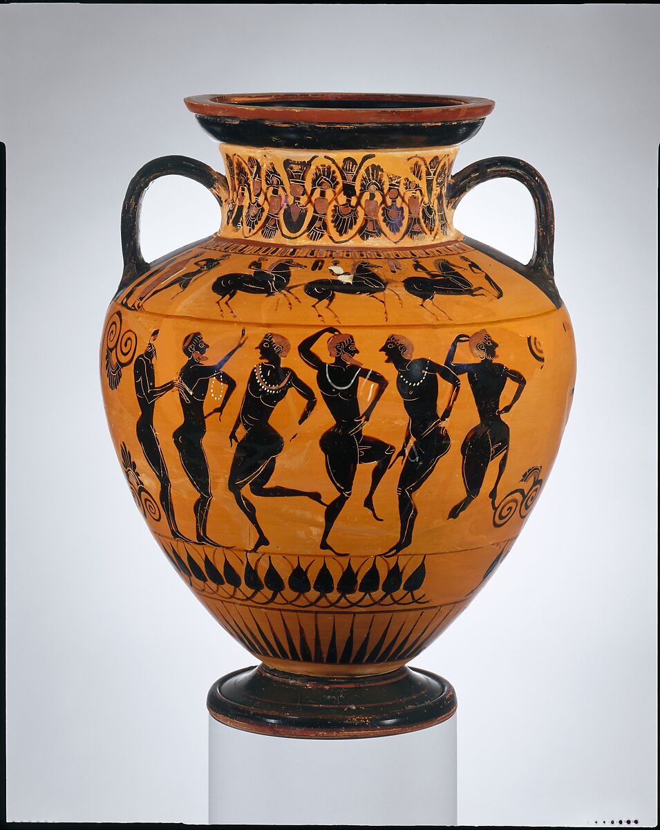 Terracotta neck-amphora (jar), Attributed to Group E, Terracotta, Greek, Attic