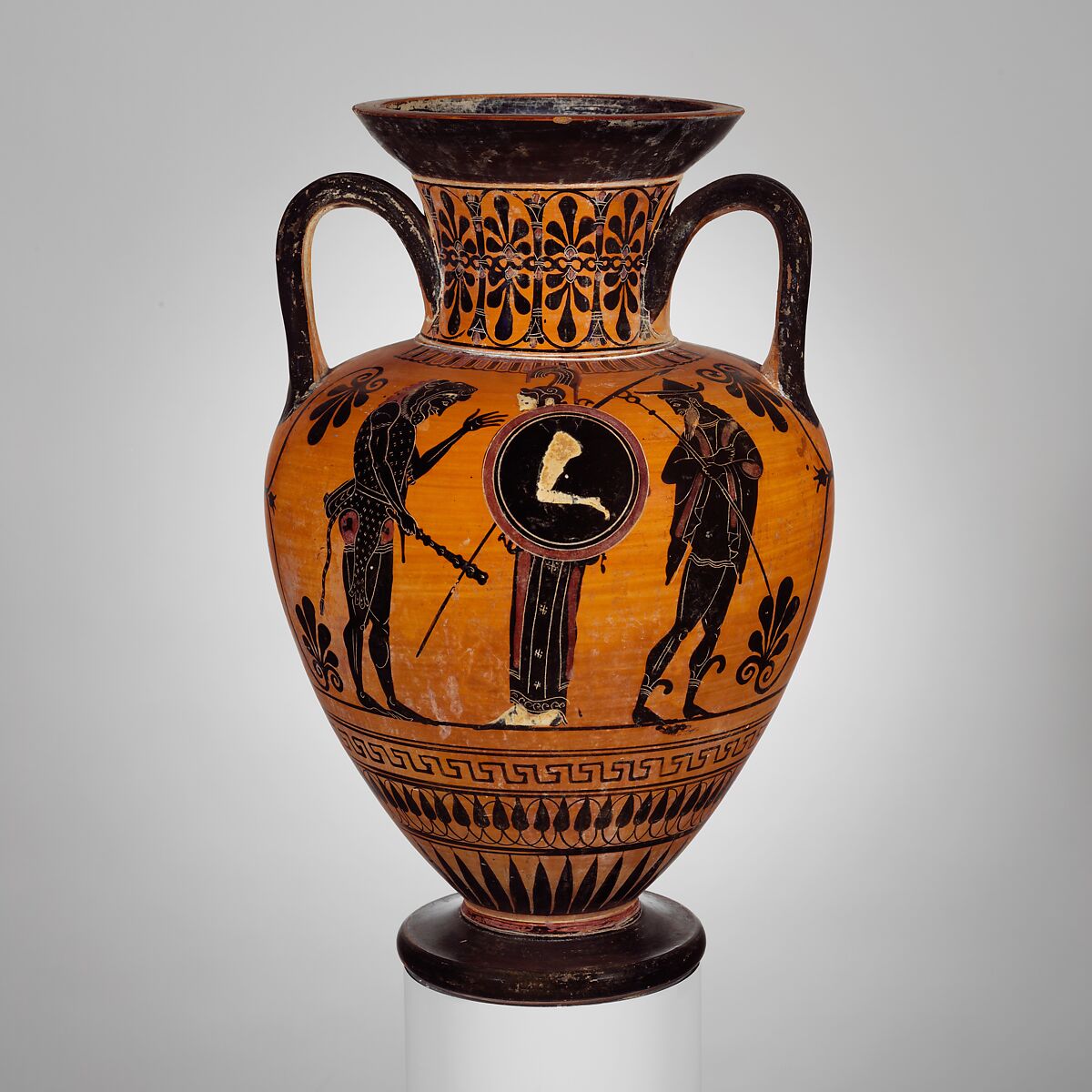 Terracotta neck-amphora (jar), Attributed to the Antimenes Painter, Terracotta, Greek, Attic 